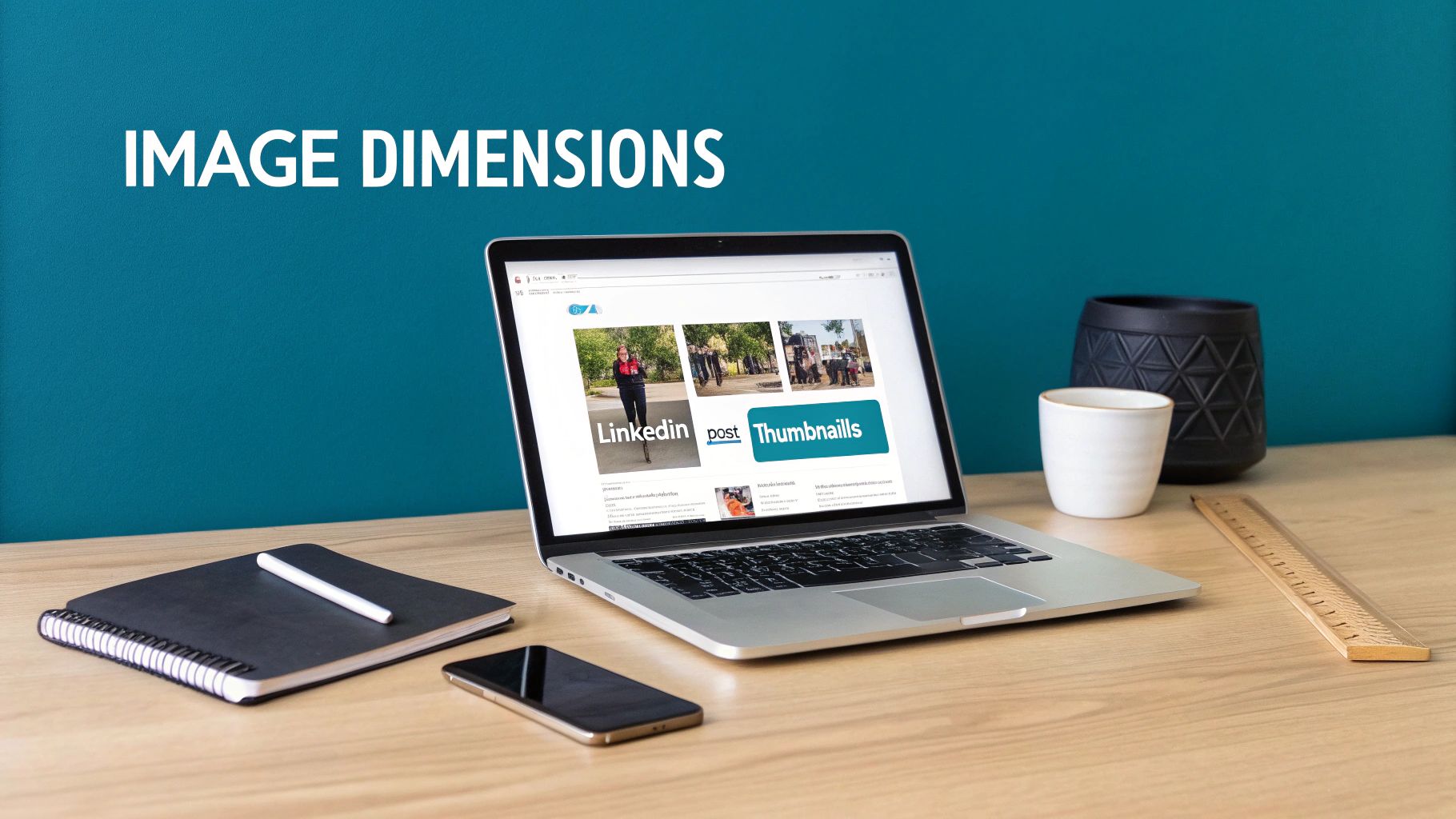 A laptop on a wooden desk displays a LinkedIn post, alongside a notebook, smartphone, and office supplies.