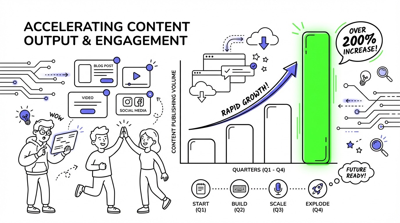 Infographic displaying a bar chart with a prominent section highlighted in bright green, indicating an 'over 200% increase' in content publishing, set against a dark, tech-themed background.