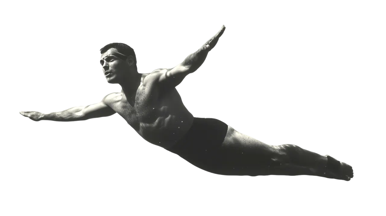 Homme plongeant avec style vintage – illustration de l’élan entrepreneurial et de l’exécution parfaite, dans l’esprit TurboHero : rigueur + style.