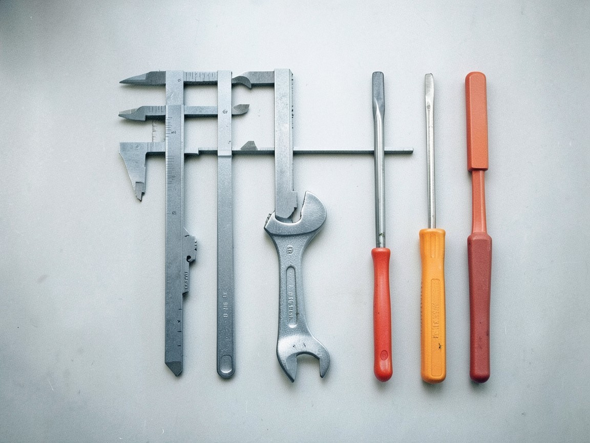 Calipers, a wrench and screwdrivers laid out in a row