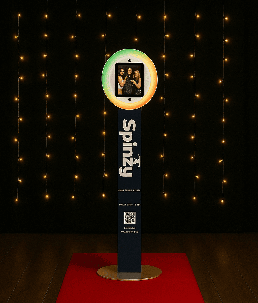 Spinzy Selfie photobooth Bronze package setup with standard backdrop
