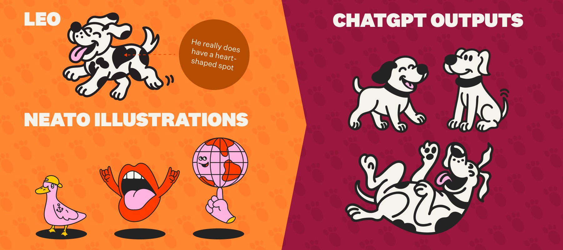 Comparison graphic showing Neato’s original dog and character illustrations on the left and simpler AI-generated dog drawings on the right.