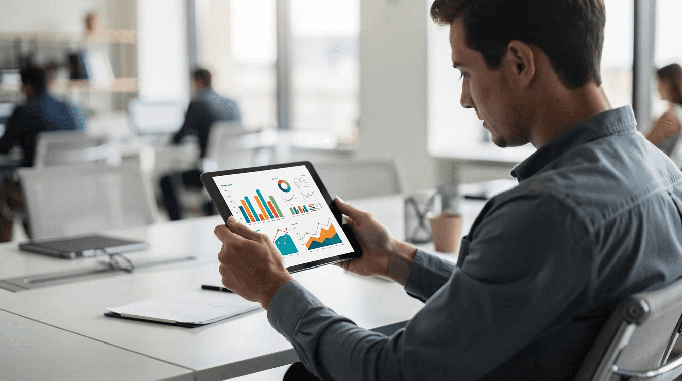 A person is intently reviewing data charts on a tablet while seated in a modern office, surrounded by a sleek, creative workspace that reflects a leading web design agency atmosphere. The scene emphasizes a focus on digital strategy and performance metrics, highlighting the importance of data-driven decisions in web development and digital marketing.
