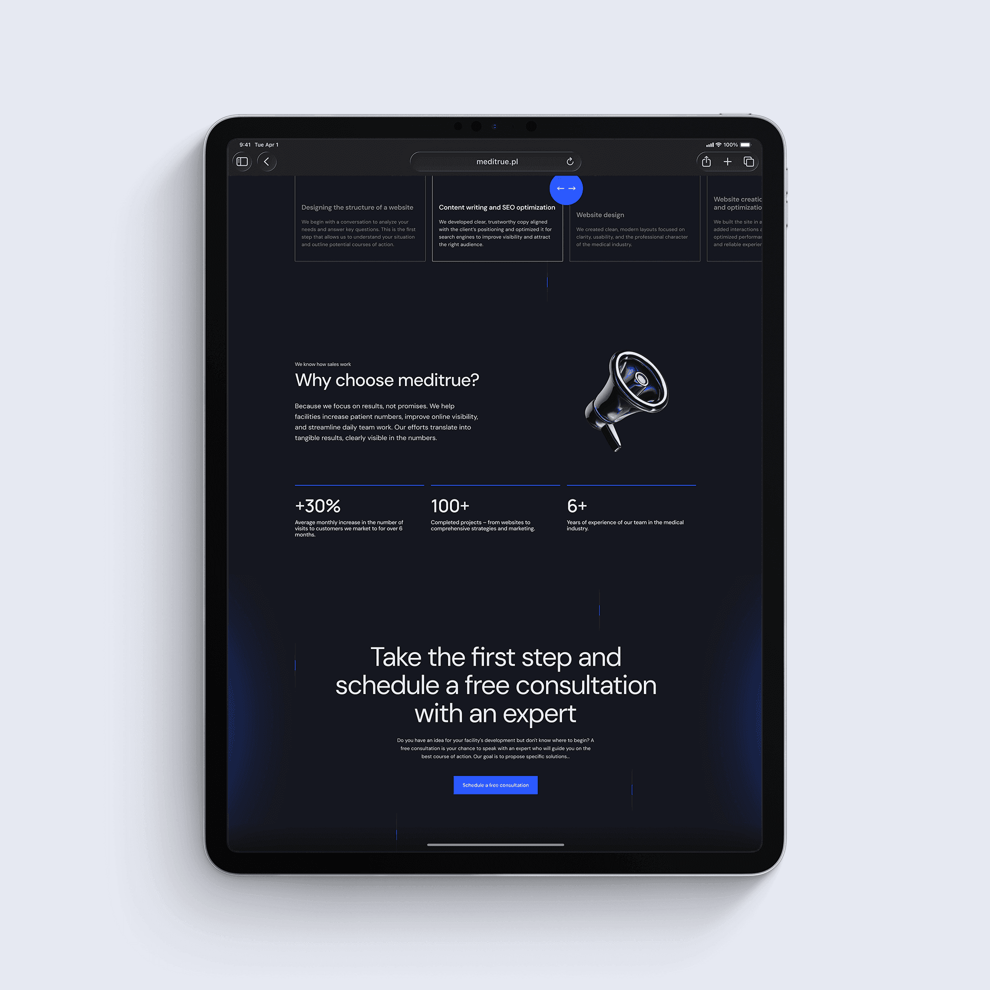 Tablet mockup, that shows few sections of meditrue website