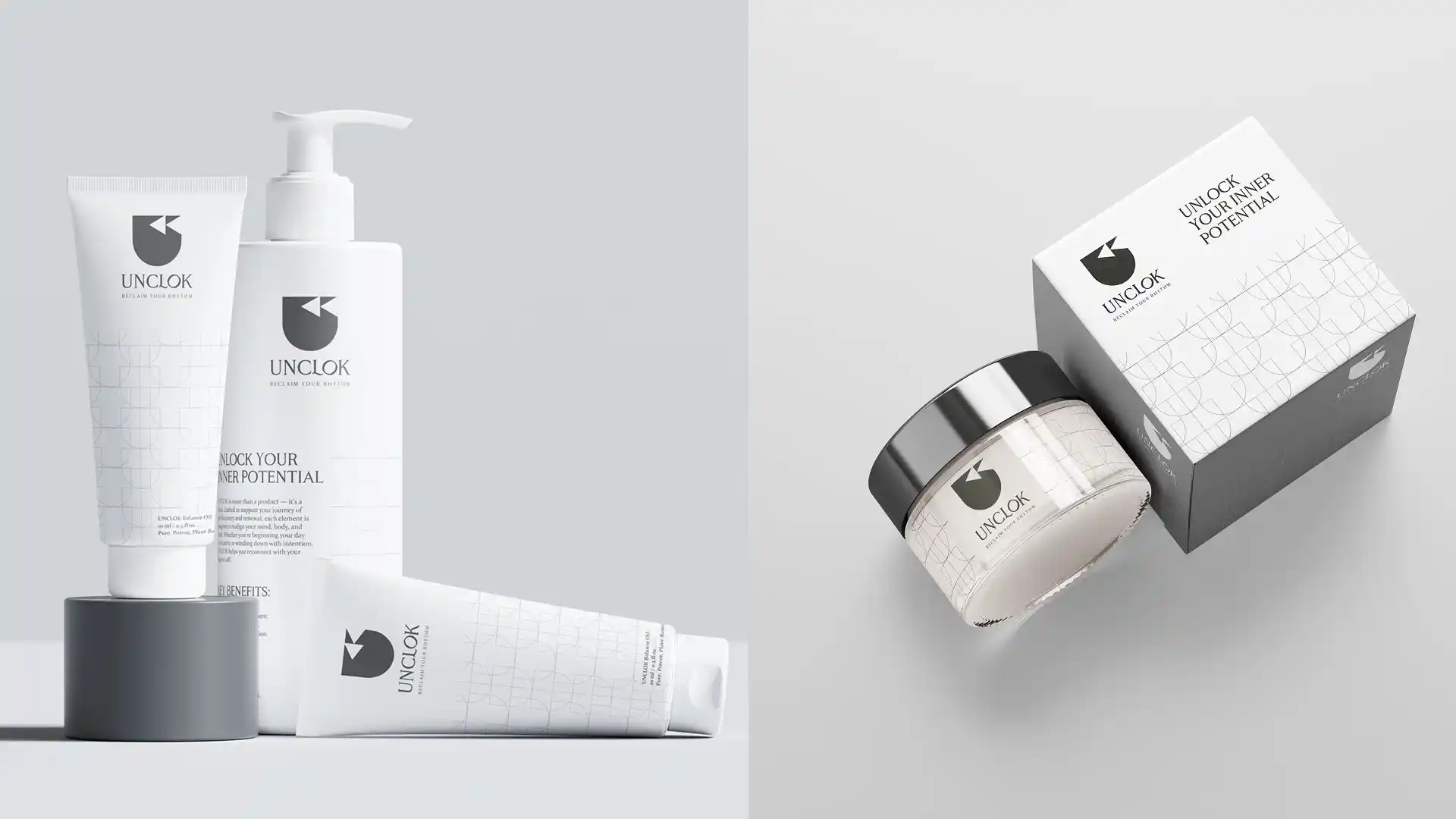 Unclok wellness brand product packaging design for skincare tubes, jar and box