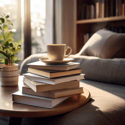 A cozy corner with books, coffee, and warm sunlight.