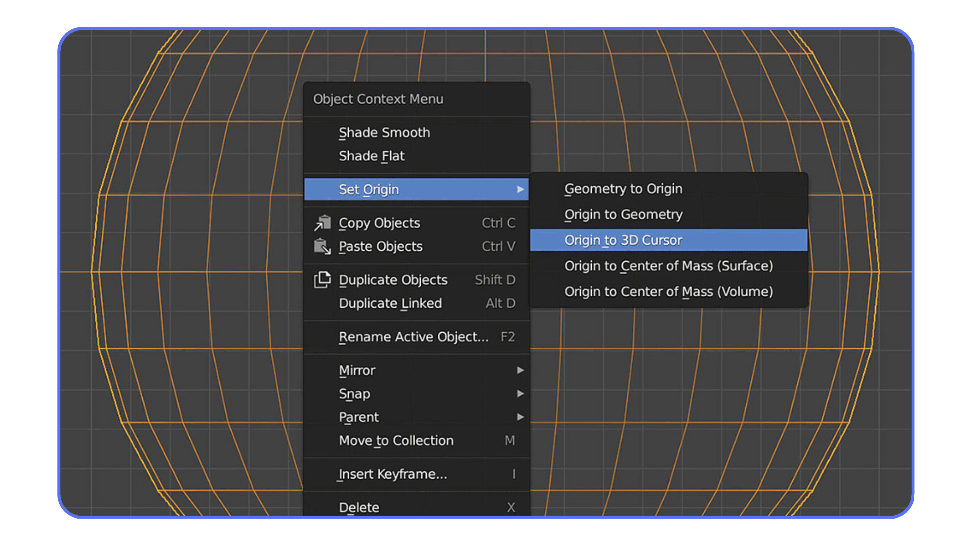 Blender object context menu showing set origin options including origin to 3D cursor