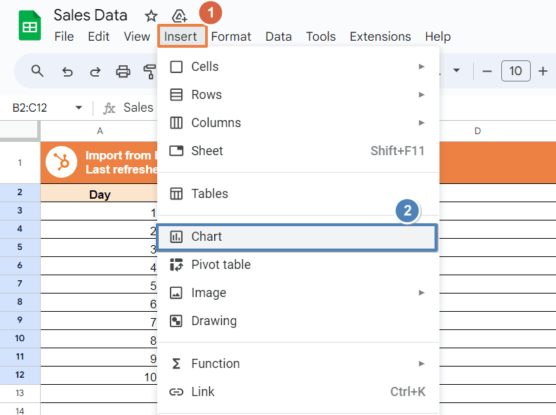 Go to Insert > Chart to create a chart.