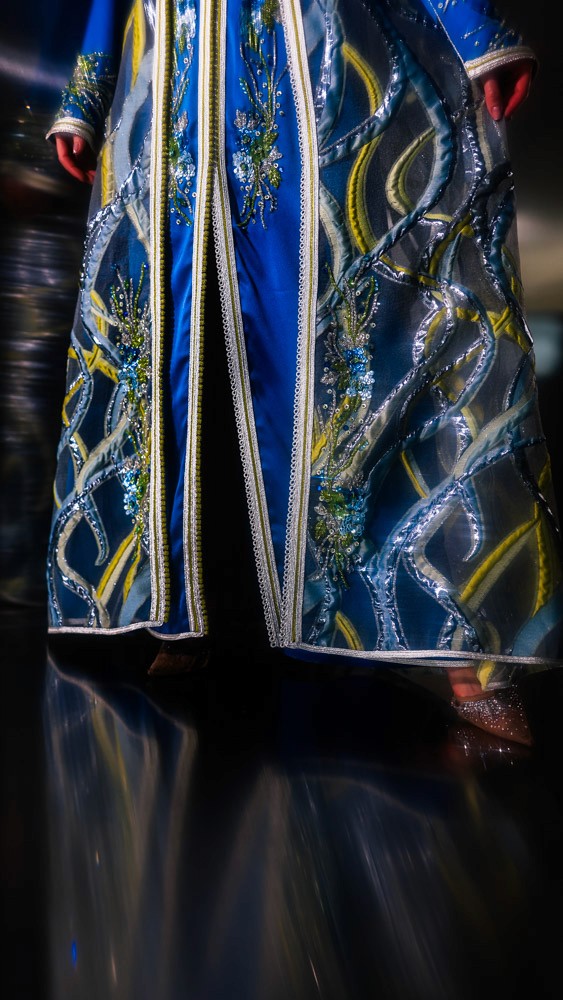 Royal blue Moroccan caftan with detailed hand embroidery, luxury handcrafted piece for high-end events in Bahrain