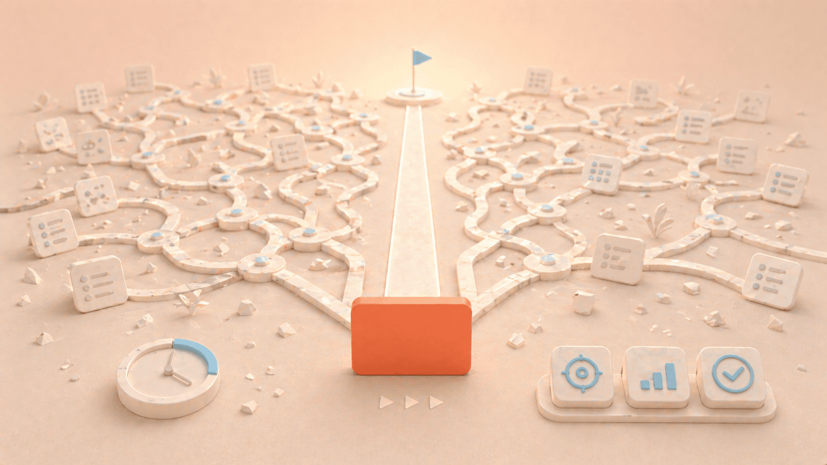 Minimalistische 3D-Illustration einer korallfarbenen Fokuskarte vor einem weit verzweigten Netz aus Auswahlpfaden, Entscheidungsknoten und verstreuten Aufgabenelementen, während ein schmaler, klarer Weg nach vorne führt; ergänzt durch dezente Zeit-, Ziel- und Fortschrittssymbole, die zeigen, wie weniger Optionen zu klareren Entscheidungen und besserem Fortschritt führen.