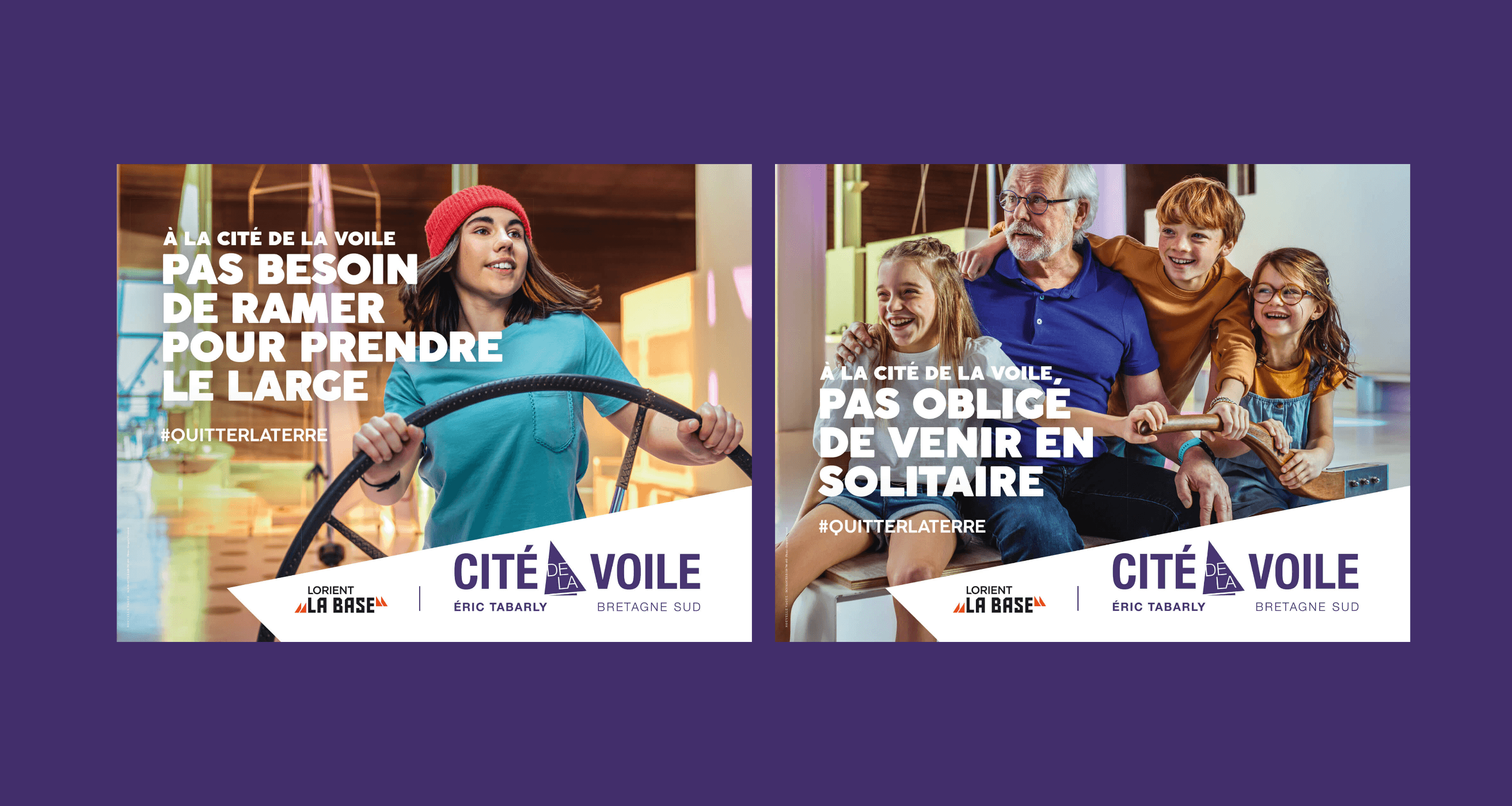 Affiche publicitaire montrant une famille en traind de s'amuser à la Cité de la voile