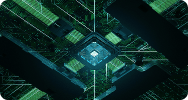 Close-up of a glowing microchip and circuit board representing platform engineering architecture and automated agent workflows.