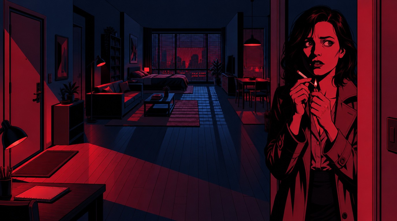 Iris Crane in a pale trench coat in the doorway, lighting a cigarette with shaking hands
