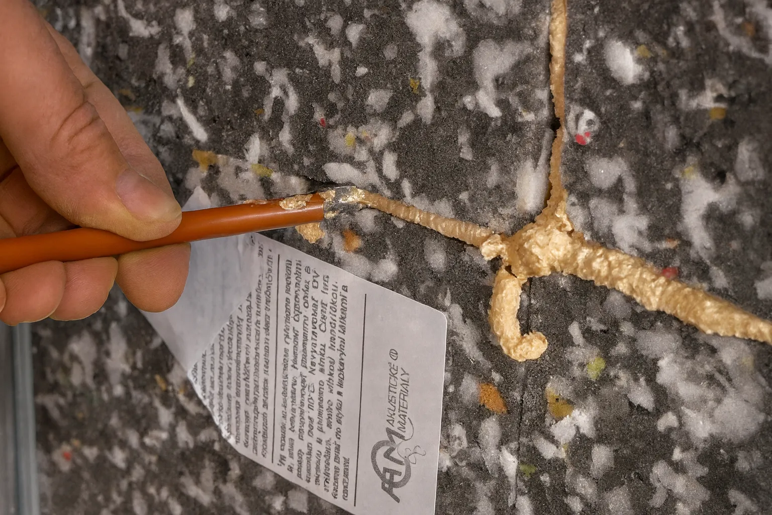 Ruka držící tenkou tyčku uvazuje uzel kolem kousku papíru připevněného k povrchu.