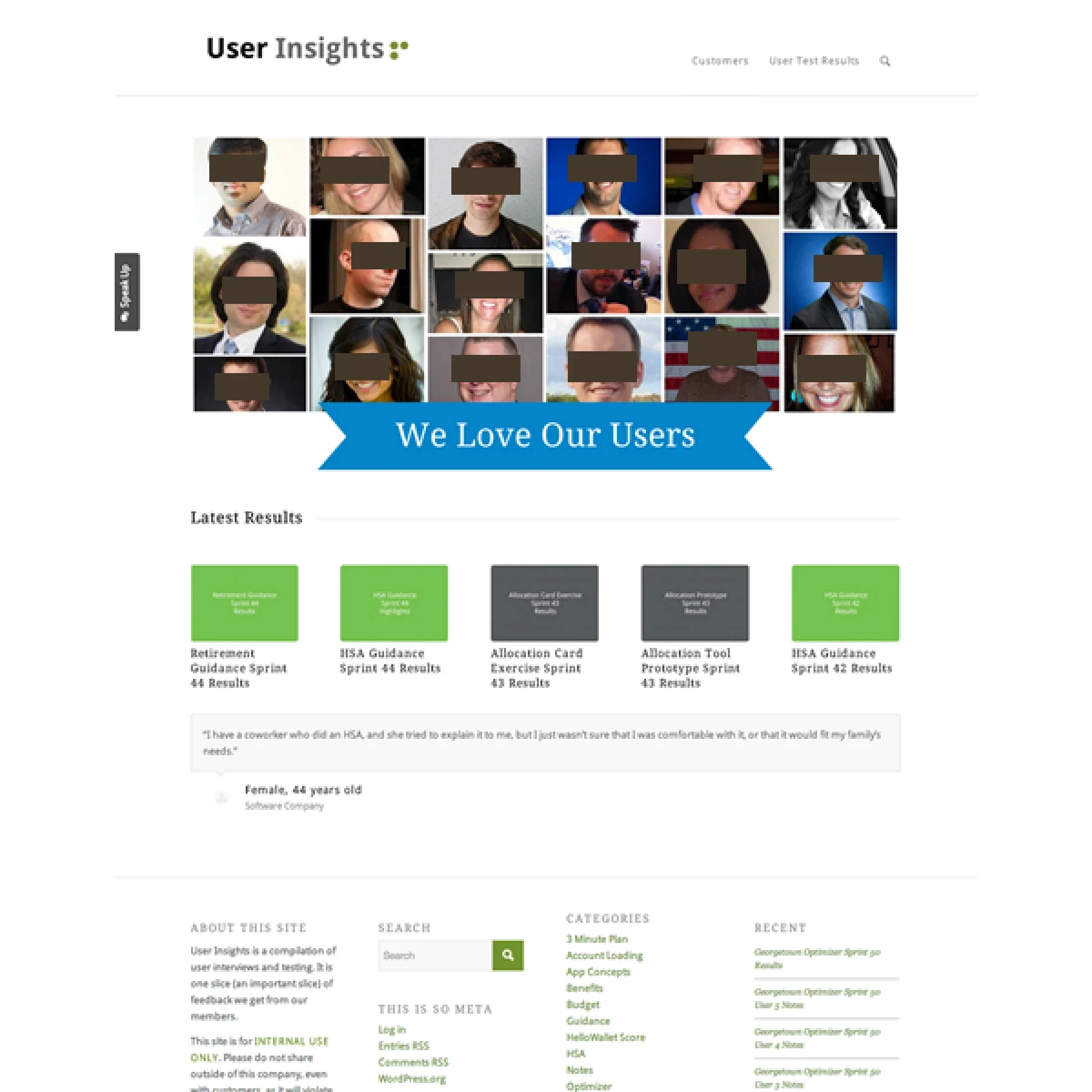 Screenshot of home page of internal research site, featuring a collage of user photos and a banner that says We Love Our Users.