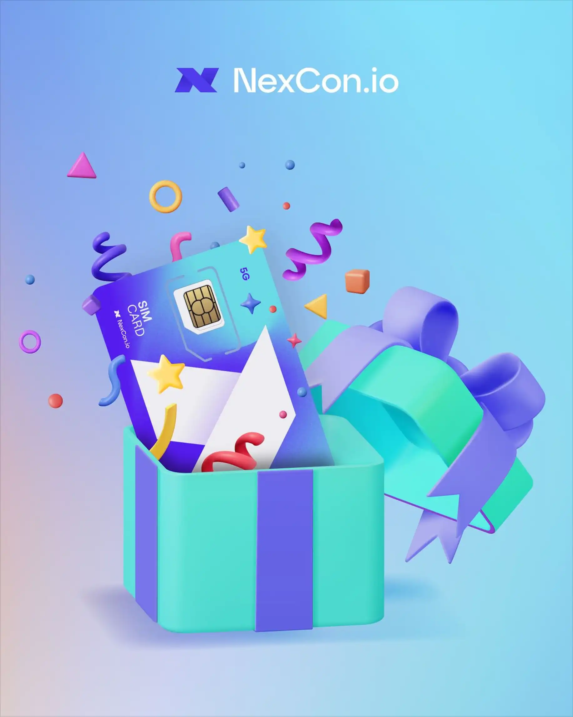 Visning af Social medie grafik der viser et SIM kort i en gaveæske med konfetti