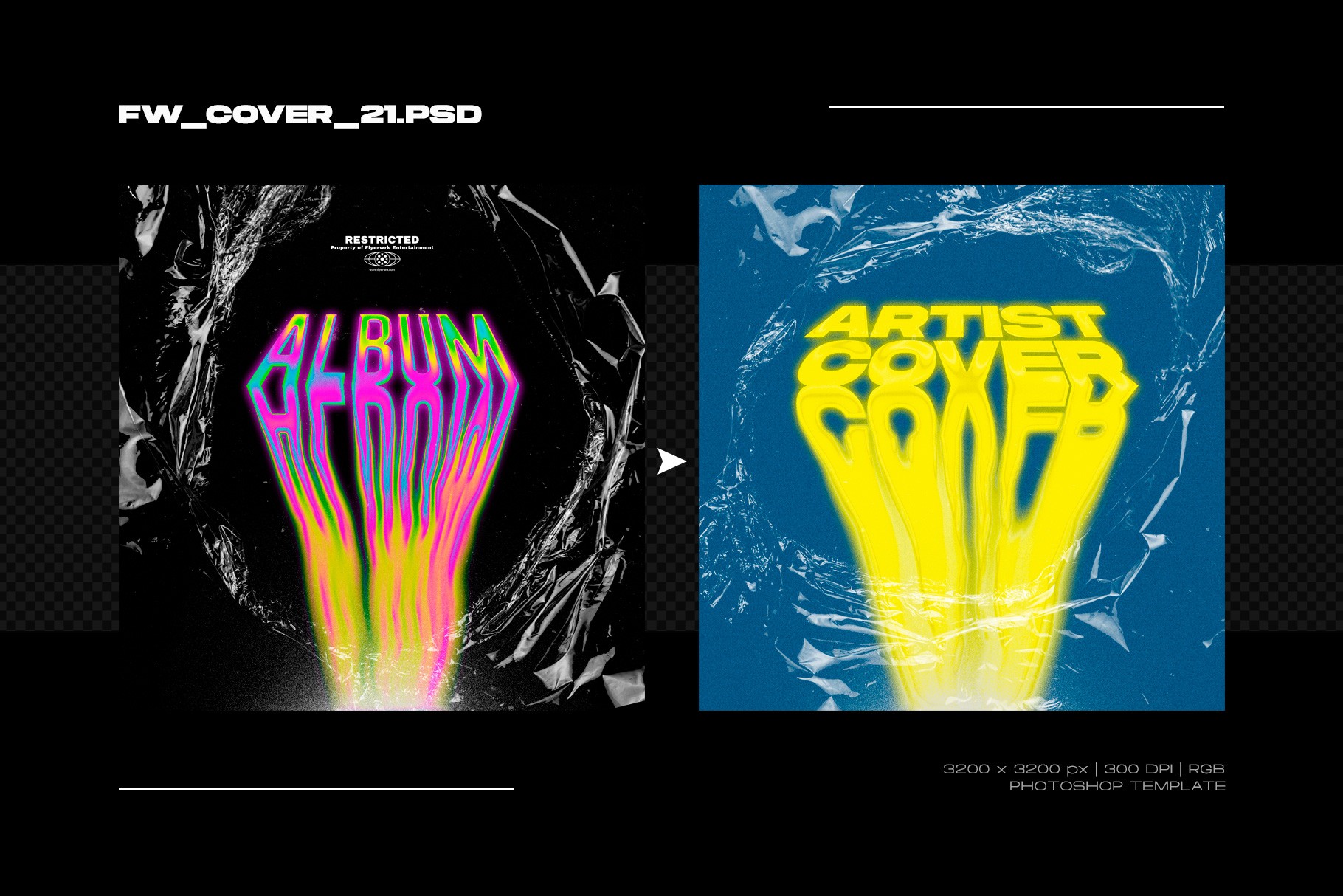 Album cover template with a yellow liquid melting text effect and realistic plastic wrap texture