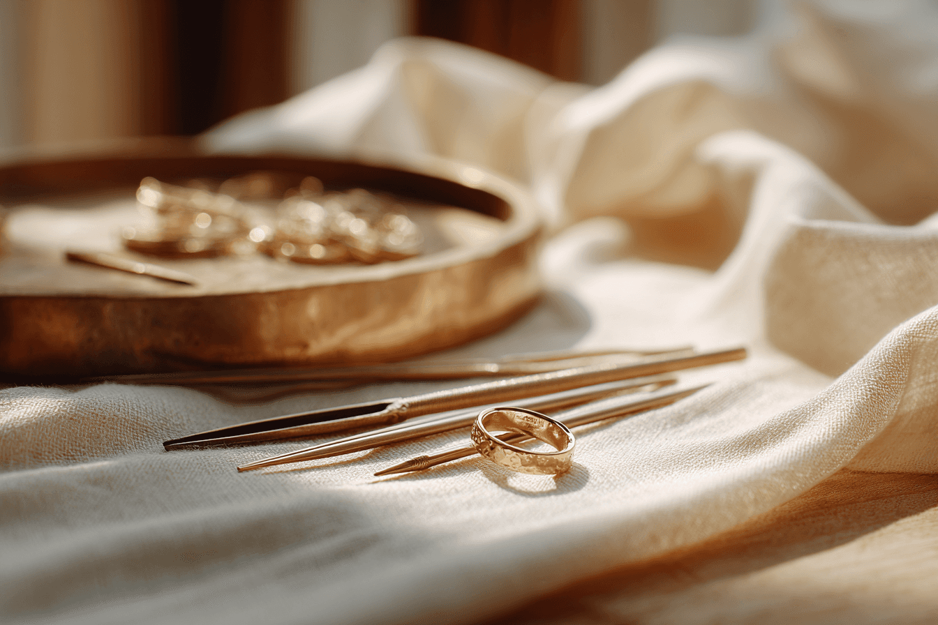 A warm, sunlit still life of gold jewelry-making tools and rings arranged on soft cream fabric, with a wooden tray holding additional gold pieces softly blurred in the background.