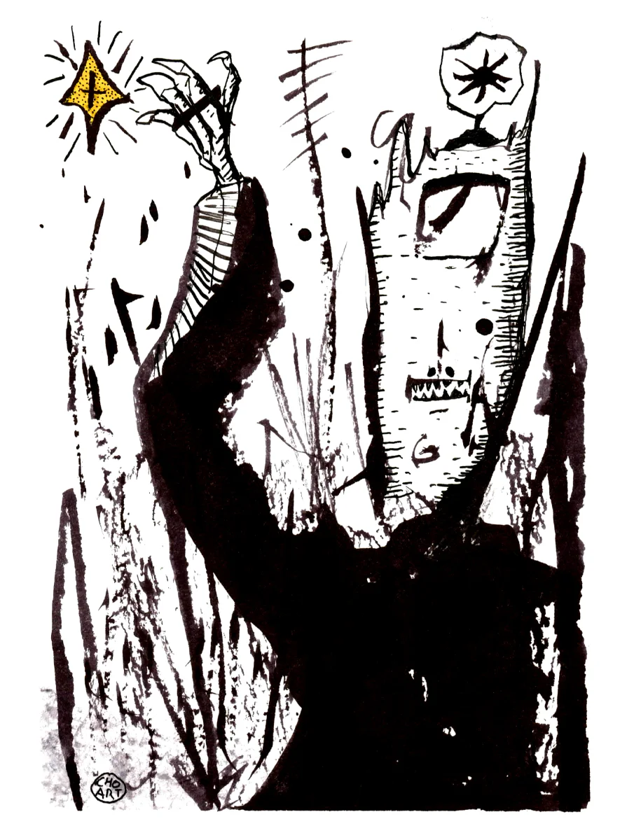 A painting of a strange creature looking at his star