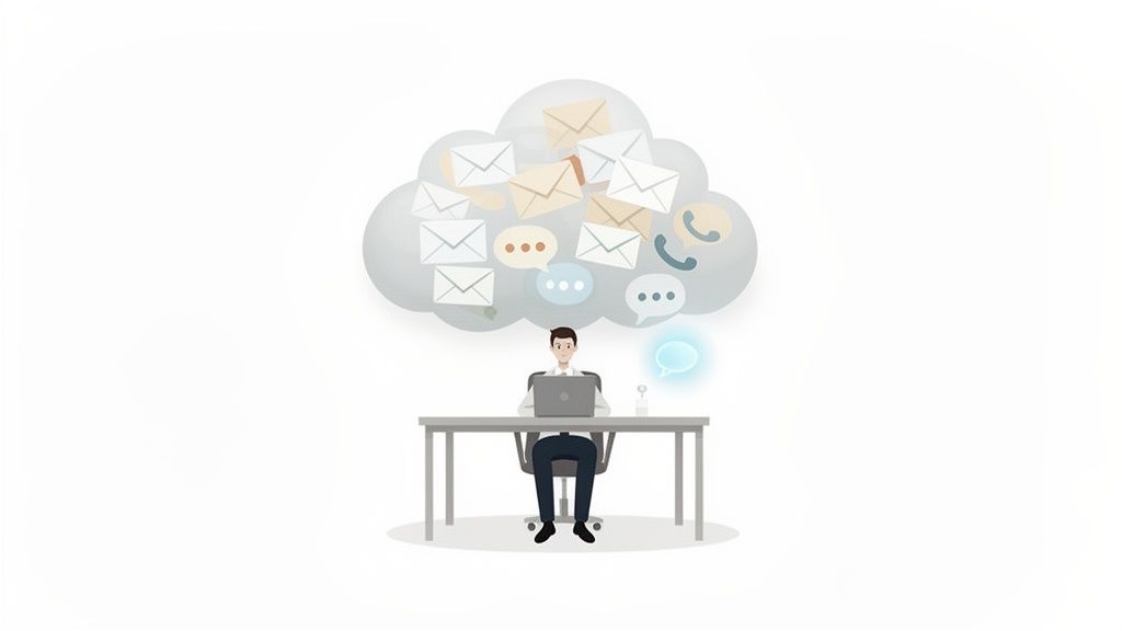 An illustration of a man working on a laptop with a cloud of communication icons overhead.