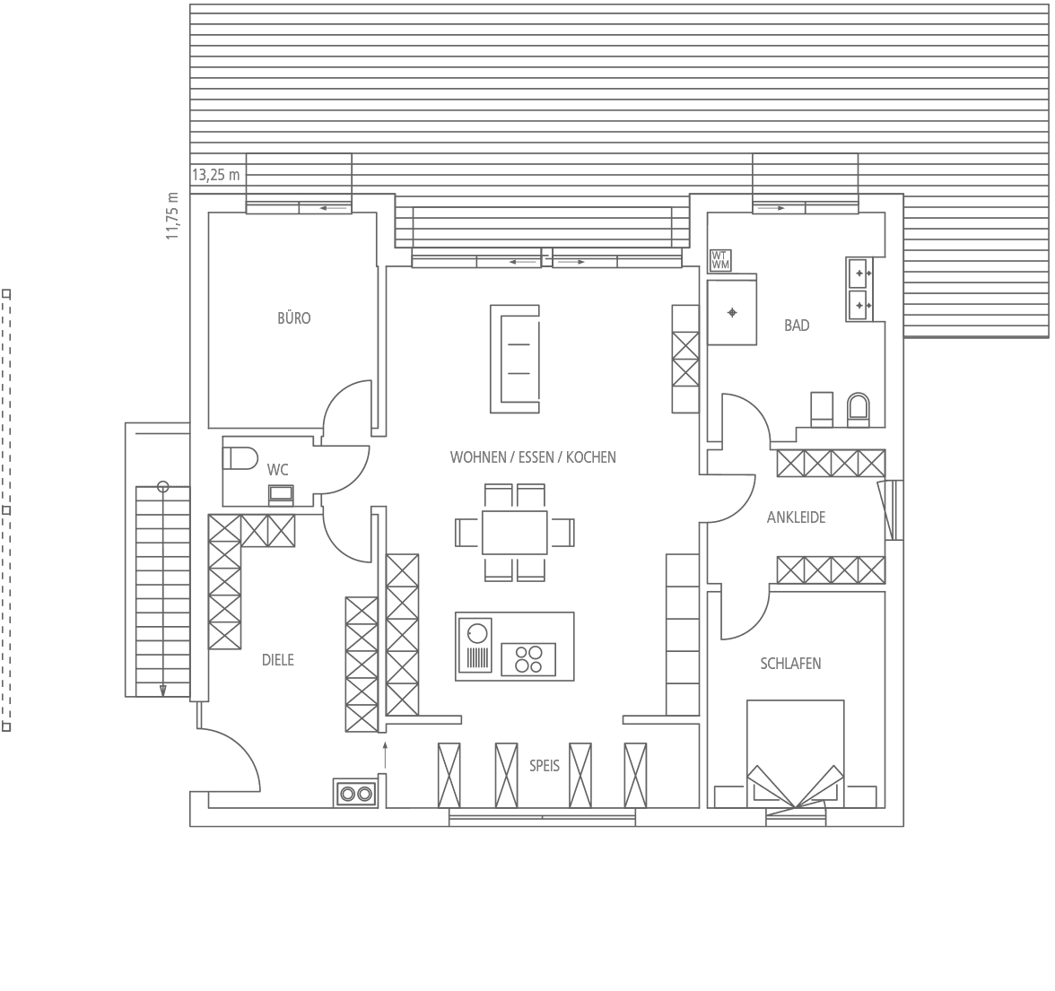 Grundriss einer Wohnung mit Büro, Diele, WC, Wohnen/Essen/Kochen, Speis, Bad, Ankleide und Schlafzimmer.
