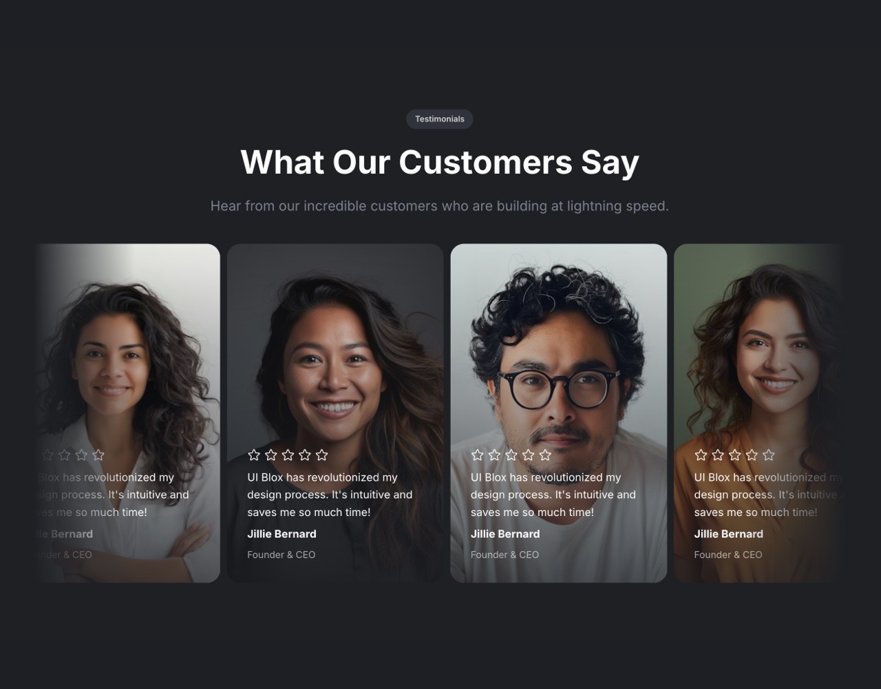 Framer Dark Testimonials Section - Frameblox UI
