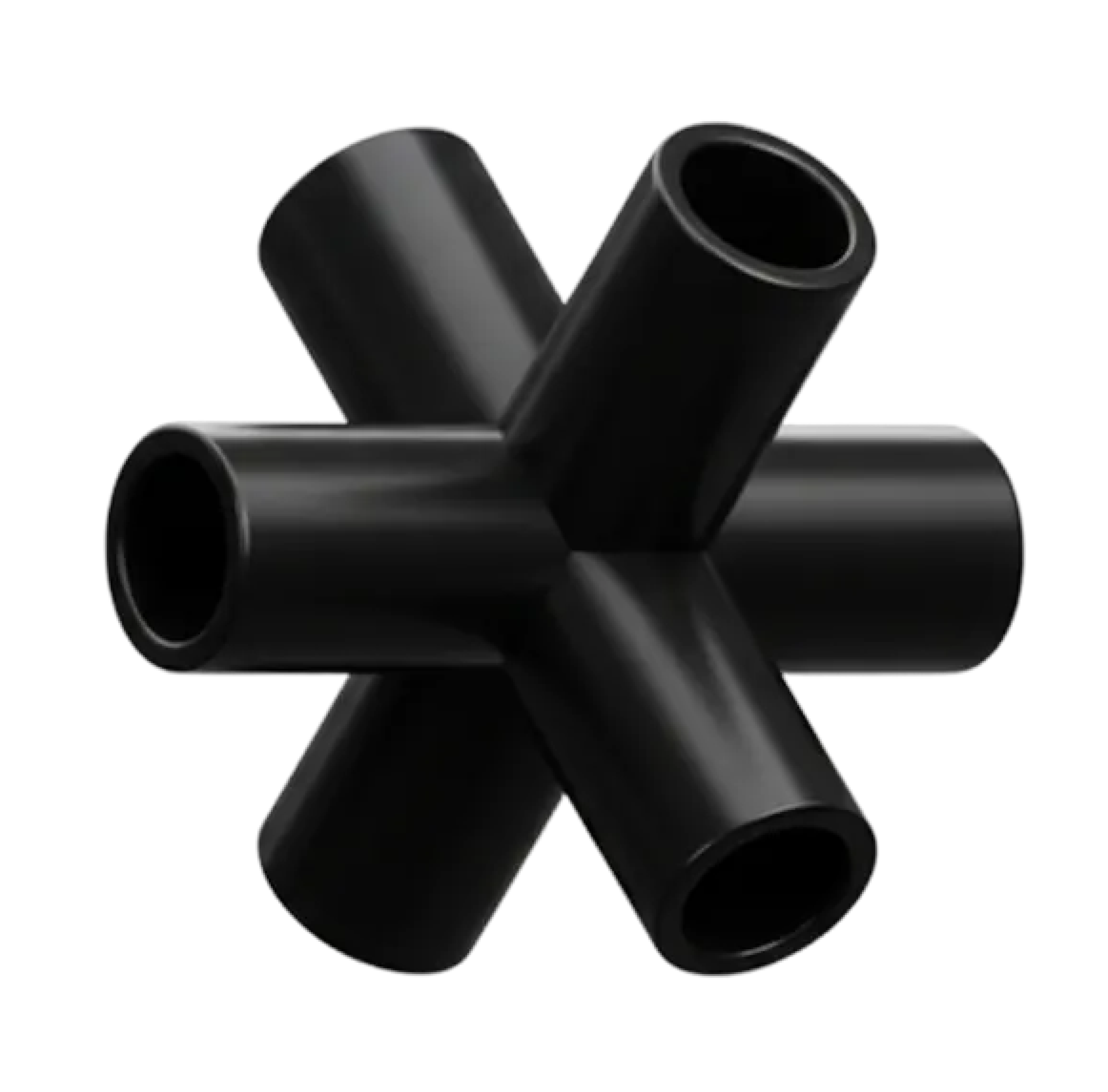 A 3D rendered geometric shape resembling a purple plastic pipe connector with six cylindrical openings arranged symmetrically, showcasing a modern and abstract design.