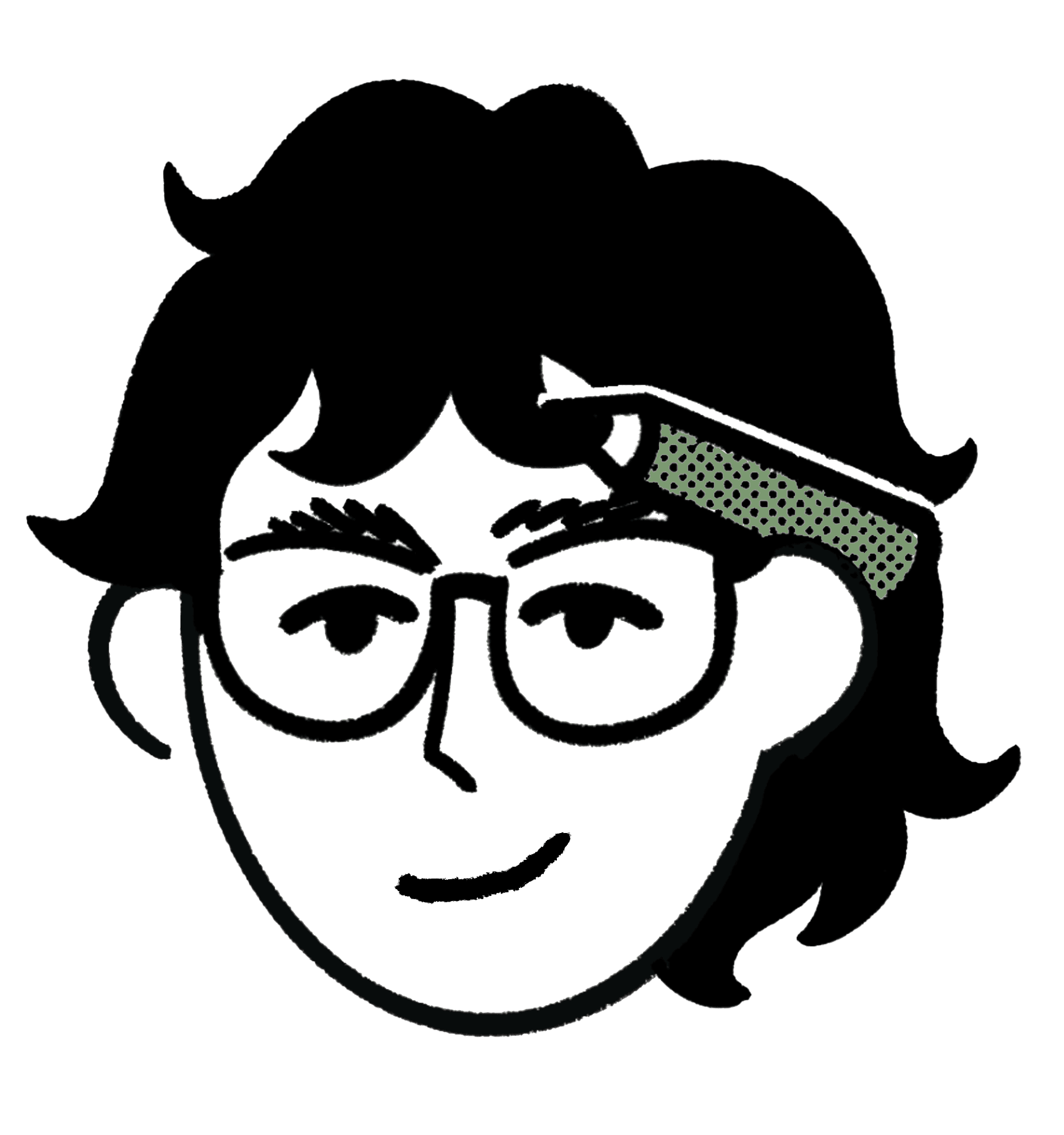 A cartoon-like illustration of Arthur's face with glasses on and a pencil behind their ear.