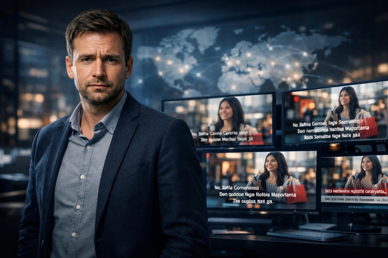 AI video translator interface demonstrating automatic dubbing into Spanish, Japanese, and German for global marketing videos