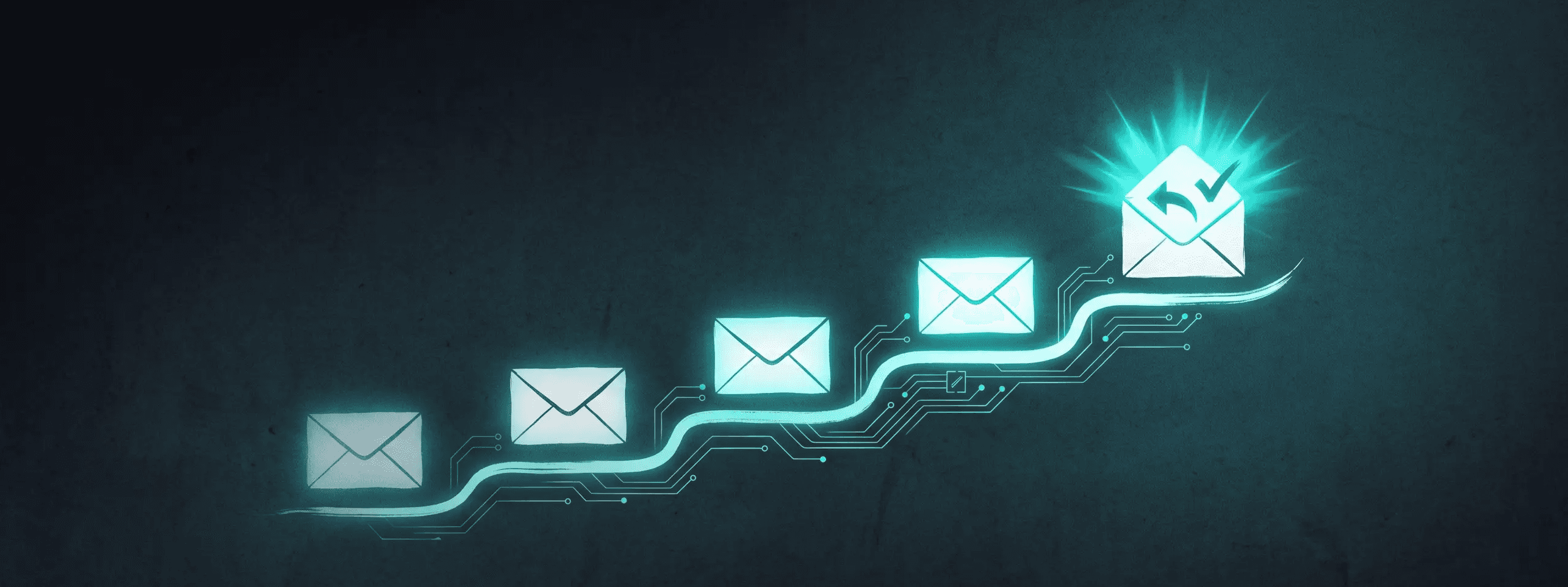 A rising sequence of white email envelopes along a glowing teal path, each brighter than the last, culminating in an opened envelope bursting into light with a reply, illustrated in Japanese minimalist ink style with teal and blue on a black background, representing how to build cold email sequences that convert.