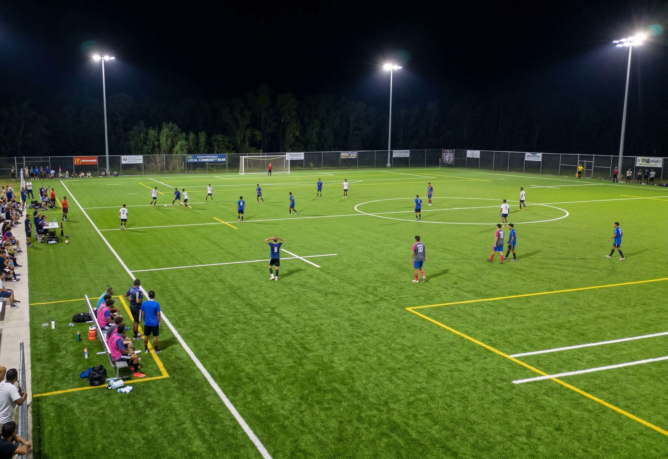 Local teams playing football on the fields at Uprising beach resort, Fiji, nighttime, lights are on and crowd is watching
