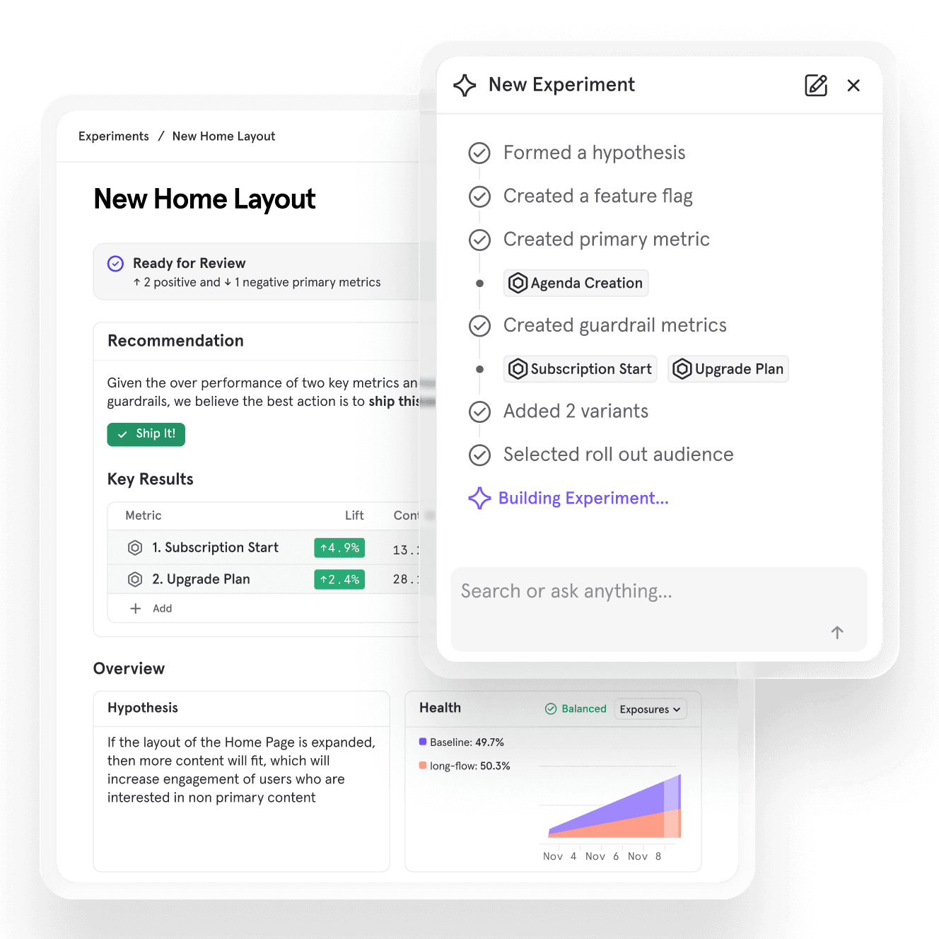 Mixpanel Experiment Agent UI builds an A/B test configuration with population controls and instant analysis of results using product analytics and behavioral analytics data.