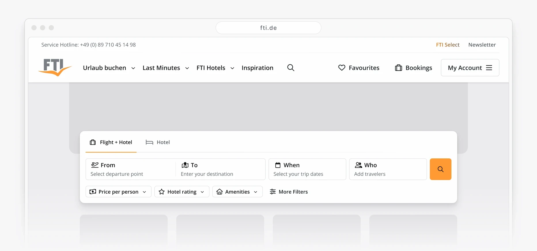The fti.de header and search template on desktop