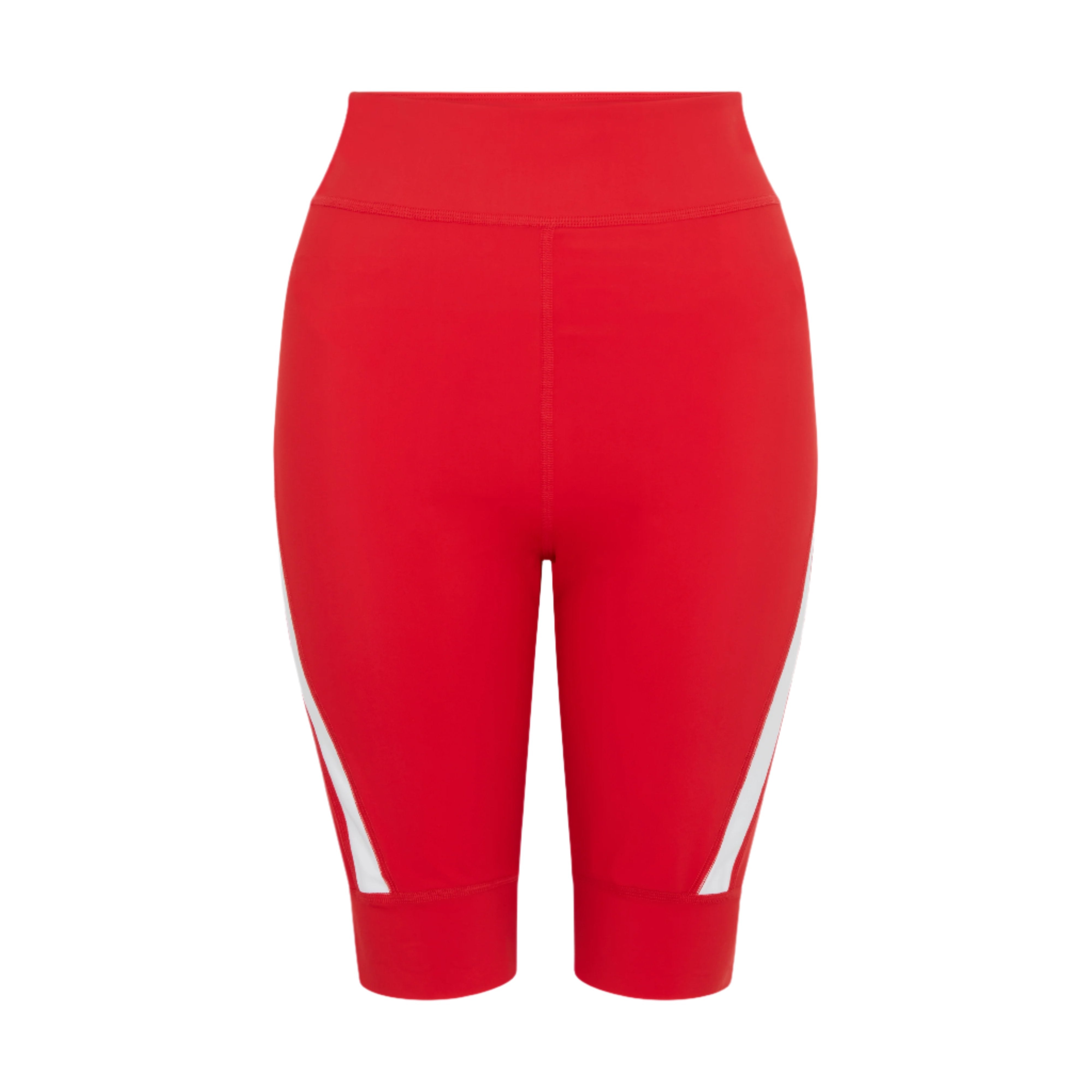 Product-photo-of-bright-red-high-waisted-biker-shorts-displayed- against-a-white-background-The-shorts-feature-a-modern-design-with-a-wide-white-diagonal-stripe-accent- on-the-outer-lower-leg-Focus-on-red- women's-biker-shorts-high-waist- cycling-shorts- athletic-workout-gear-and-running- shorts