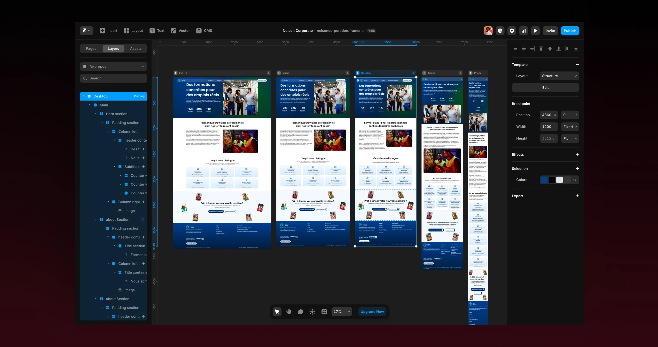 Le site en cours de développement dans l’éditeur Framer, avec ses breakpoints responsive