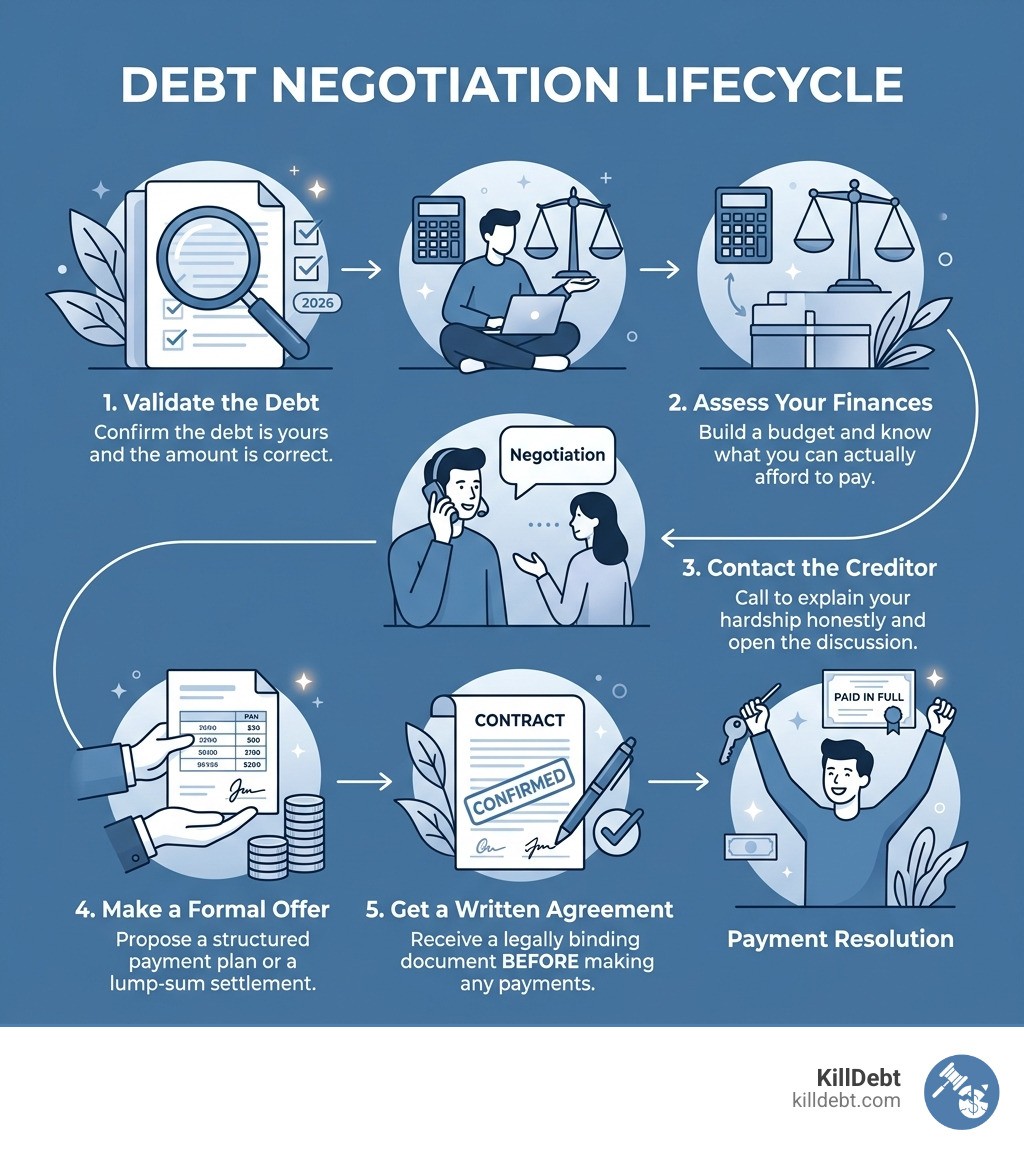 Debt negotiation lifecycle from validation to written agreement and payment resolution - how negotiate lower payments