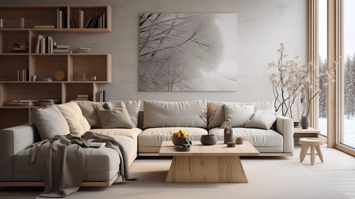 The living room at Casa Margeride a year after handover, linen seating and an oak table settled in under a framed winter photograph.