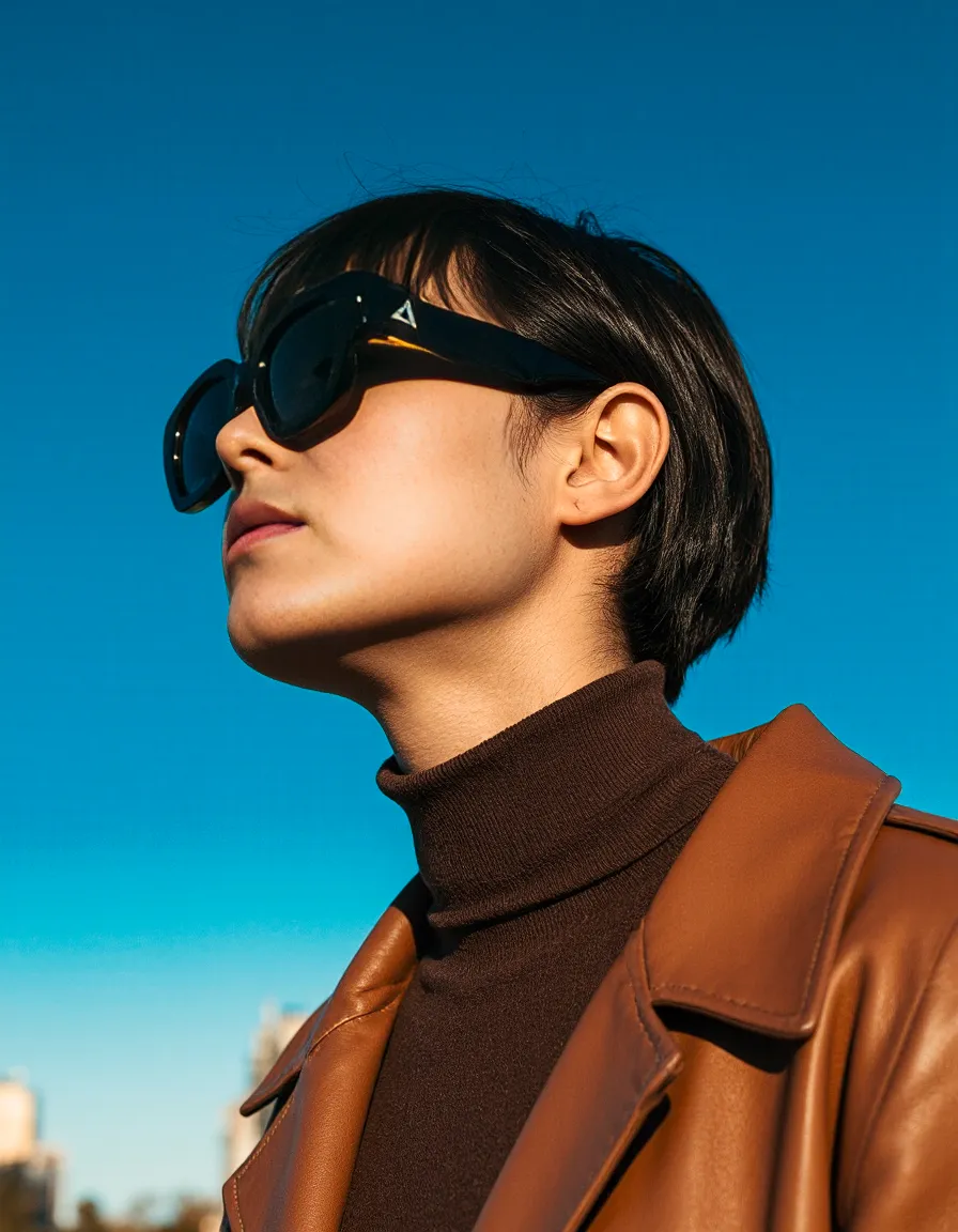 Profile view of stylish oversized black sunglasses with brown turtleneck and leather jacket against bright turquoise sky background