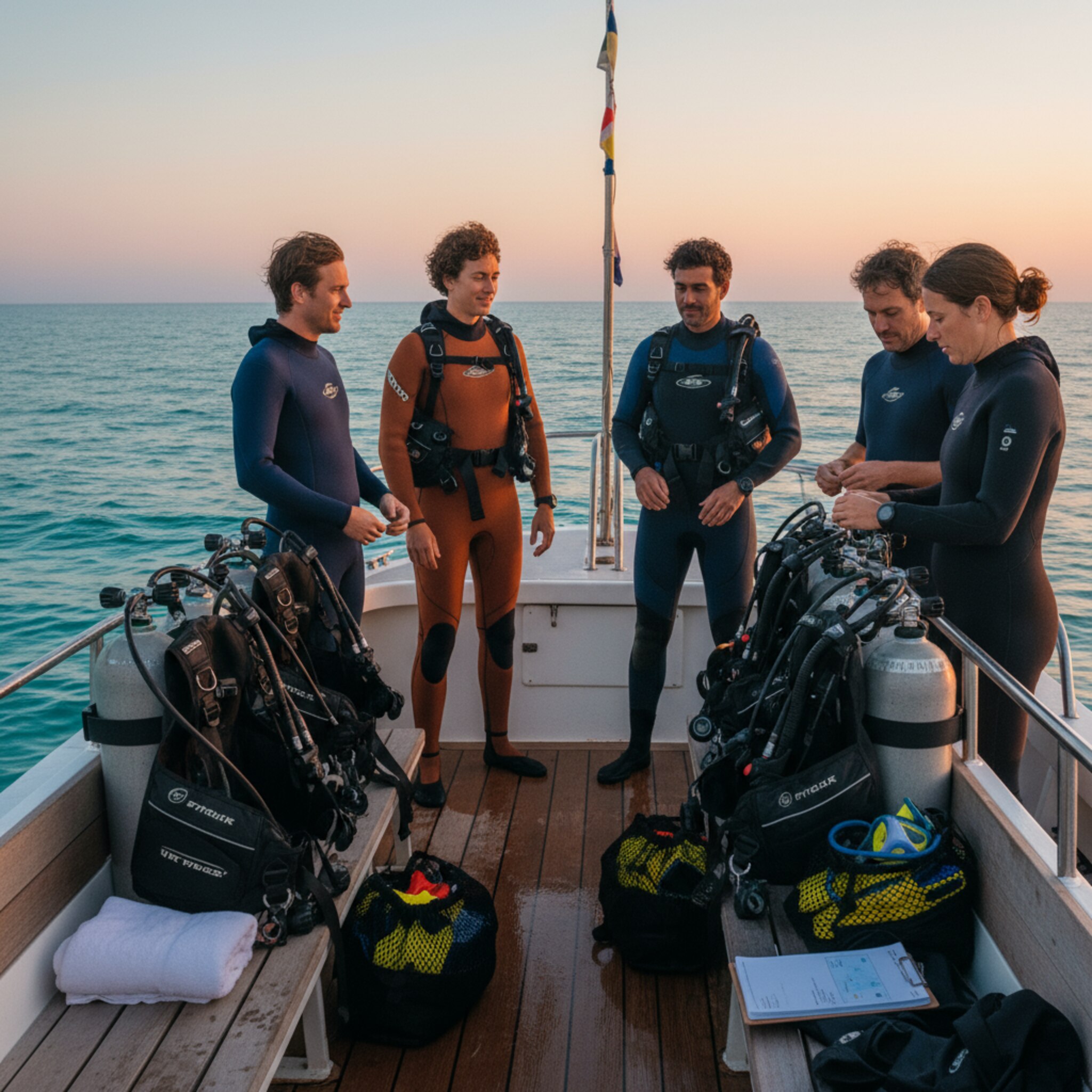 Realistisches Foto, goldene Stunde auf dem Deck eines Tauchbootes, kleine Gruppe mit Instruktor, BCDs und Flaschen sauber vorbereitet, ruhige See, warme Farben, natürliche Reportageperspektive.