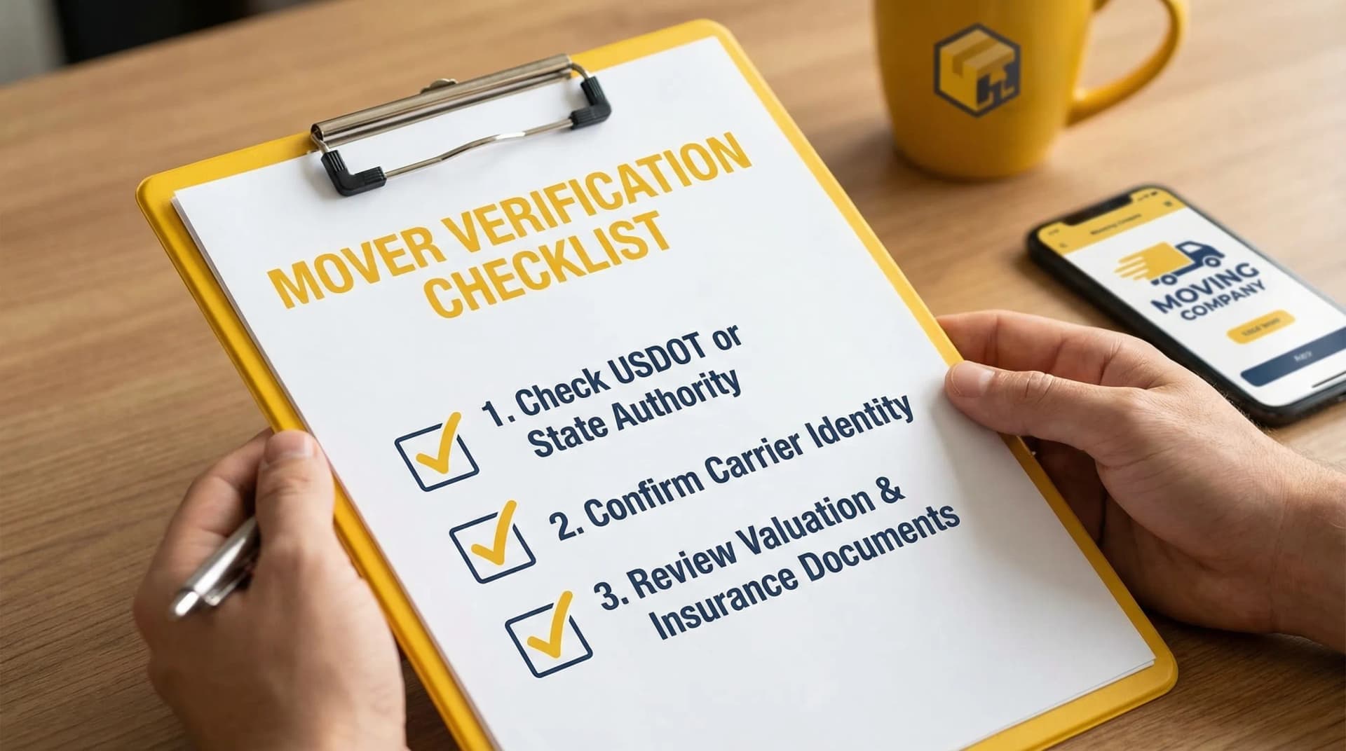 A simple checklist-style illustration showing three verification steps: check USDOT or state authority, confirm carrier identity, and review valuation and insurance documents before booking a mover.