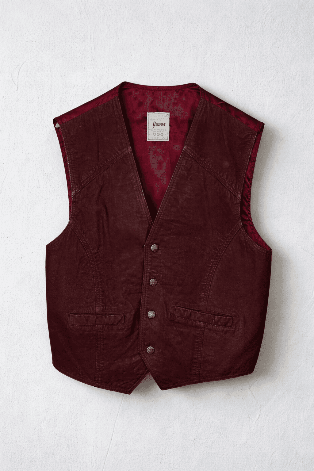 Burgundy leather vest with buttons and pockets