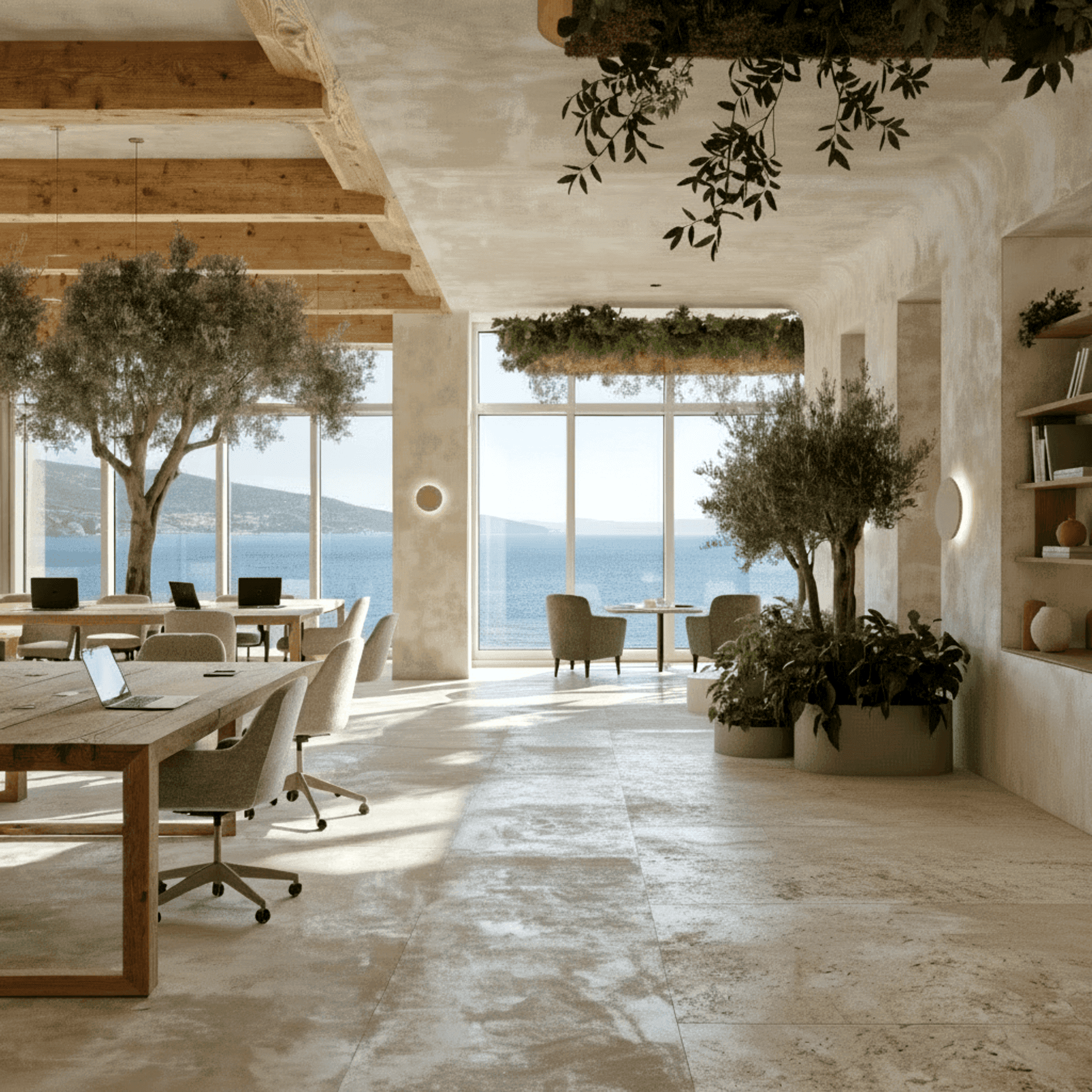 Open-plan office interior with glass partitions, linear ceiling lighting and natural light — workplace interior design by τoπos design studio