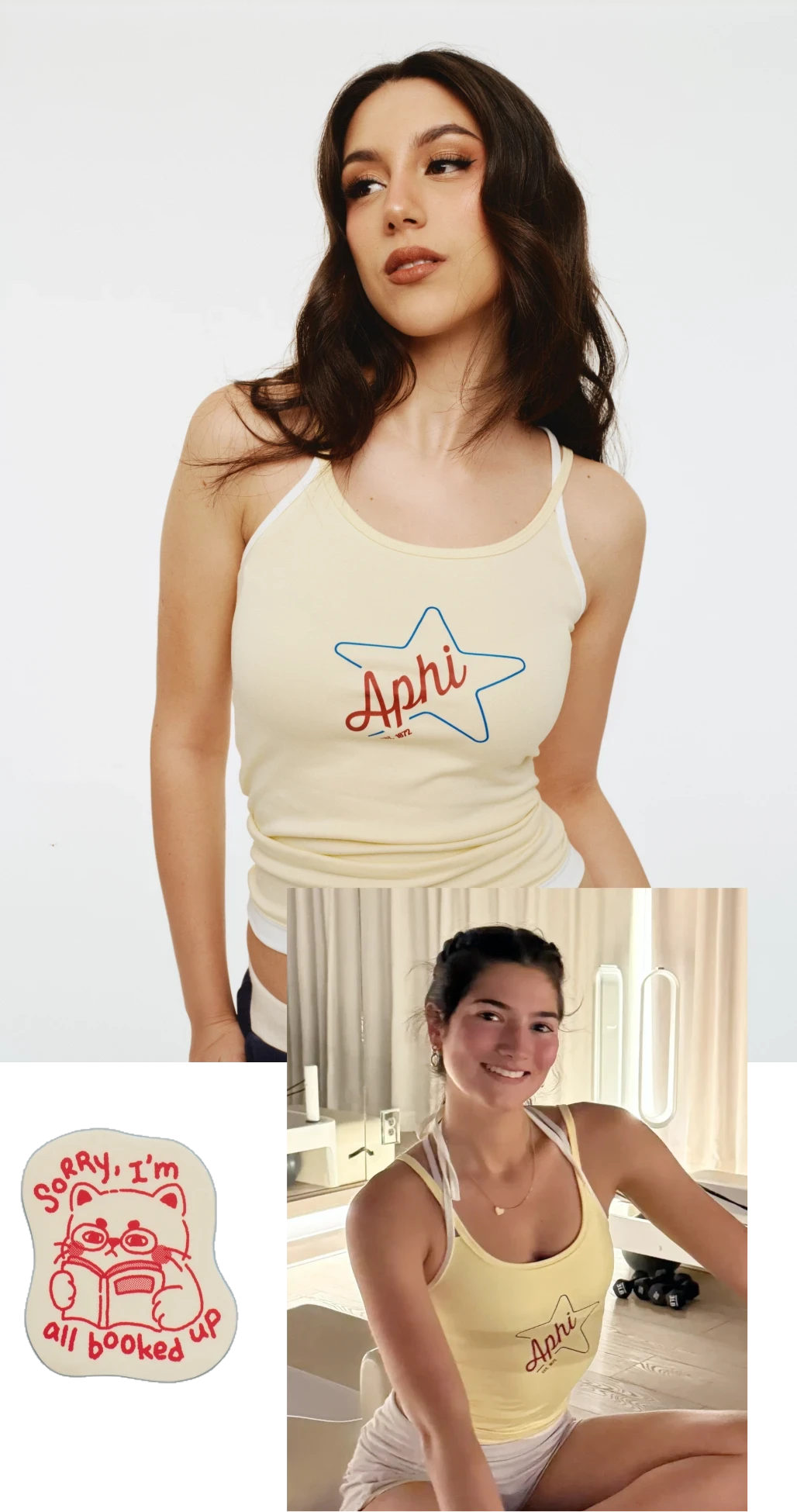 Girls wearing a cream camisole tank with “Aphi” script inside a star graphic
