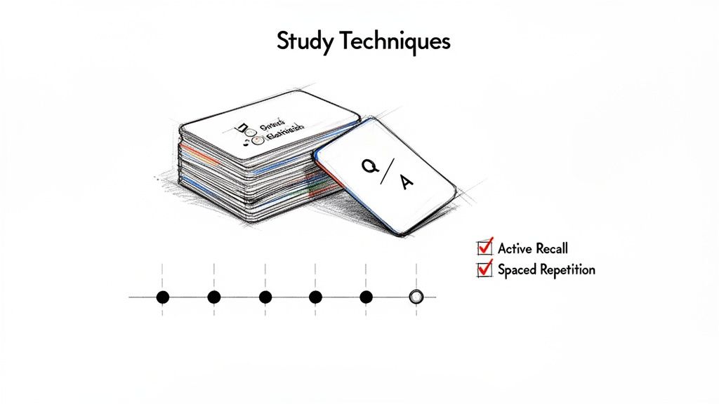 Study techniques visually depicted with flashcards for active recall and a timeline for spaced repetition.