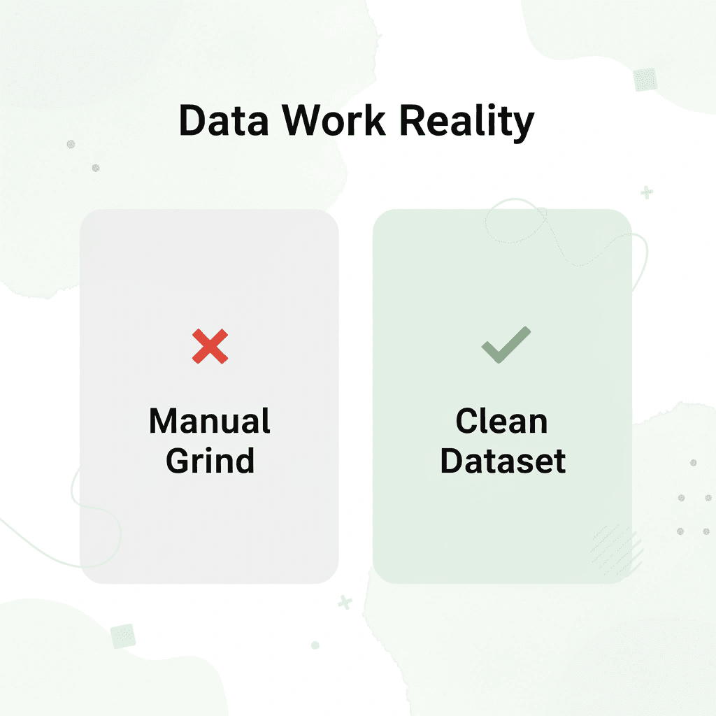 Before and after infographic showing manual data work versus clean datasets