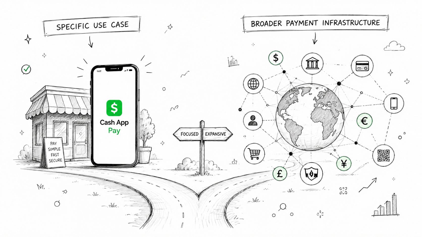 A hand-drawn illustration contrasting Cash App Pay specific use cases with a broader global payment infrastructure network.