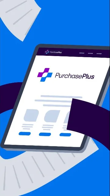 The PurchasePlus app on a tablet, with paperwork flying past