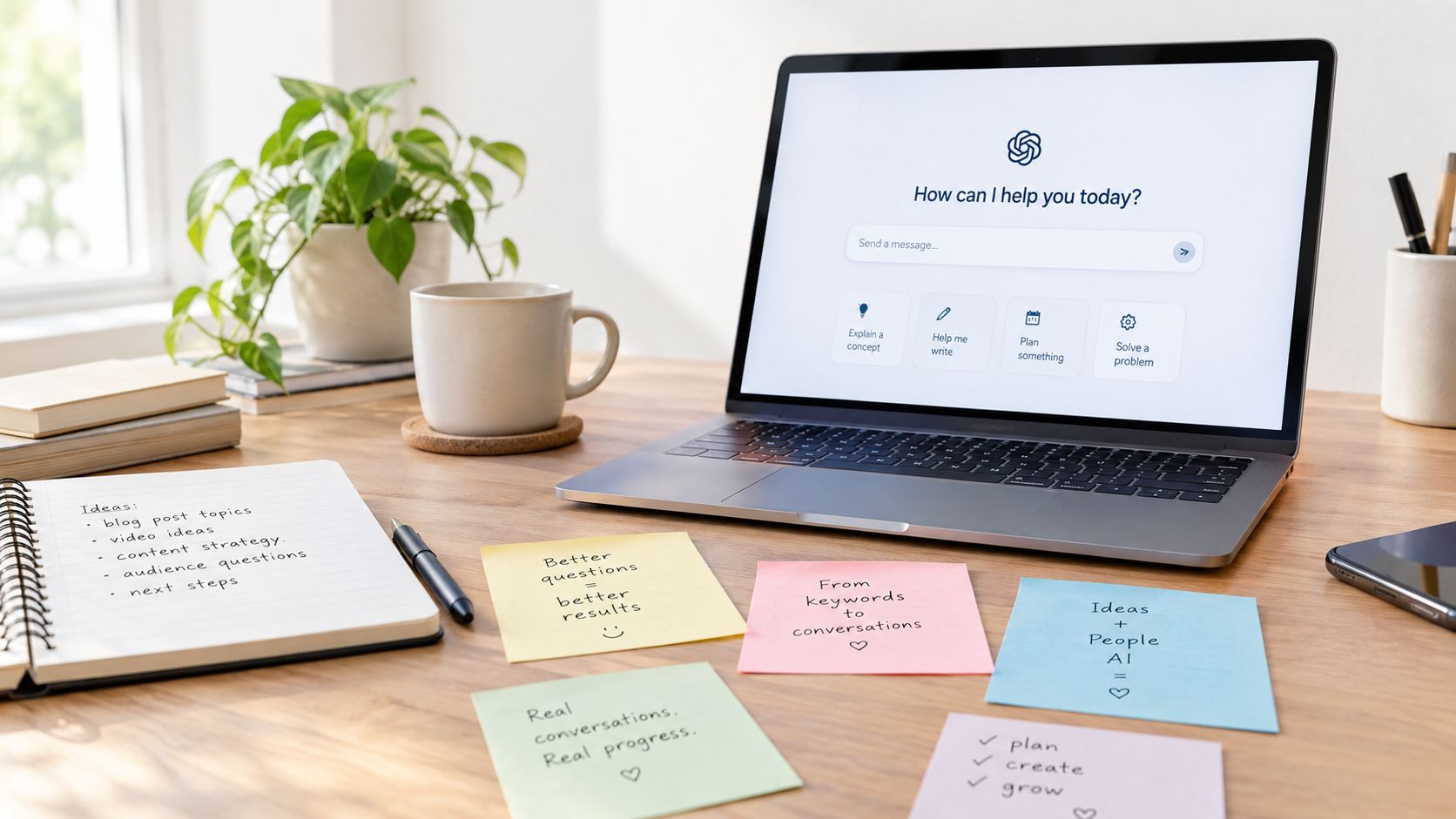 A modern workspace with a laptop displaying ChatGPT, a notebook, coffee, and colorful sticky notes with creative ideas.