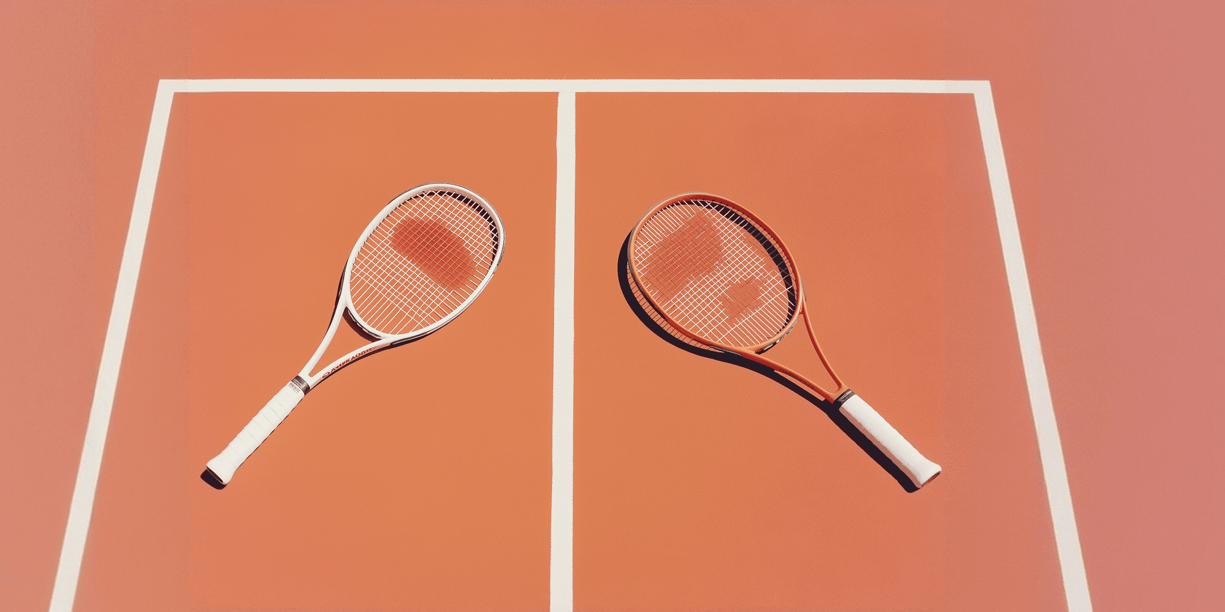Two tennis rackets are placed on a court, one with a bright orange ball in the strings, against a pastel background.