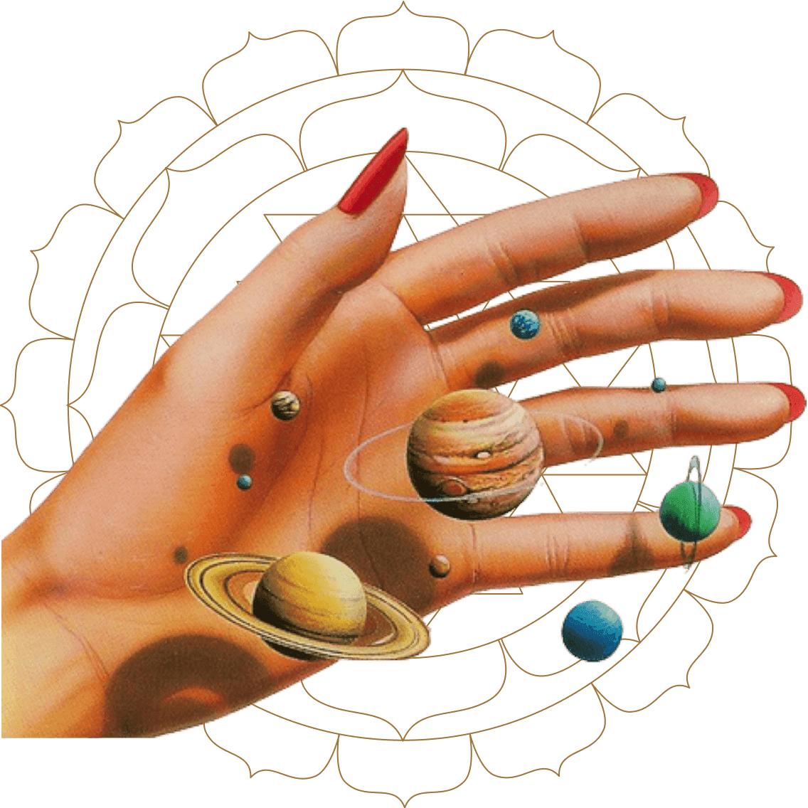 A colorful hand holding miniature planets, with a decorative cosmic background.